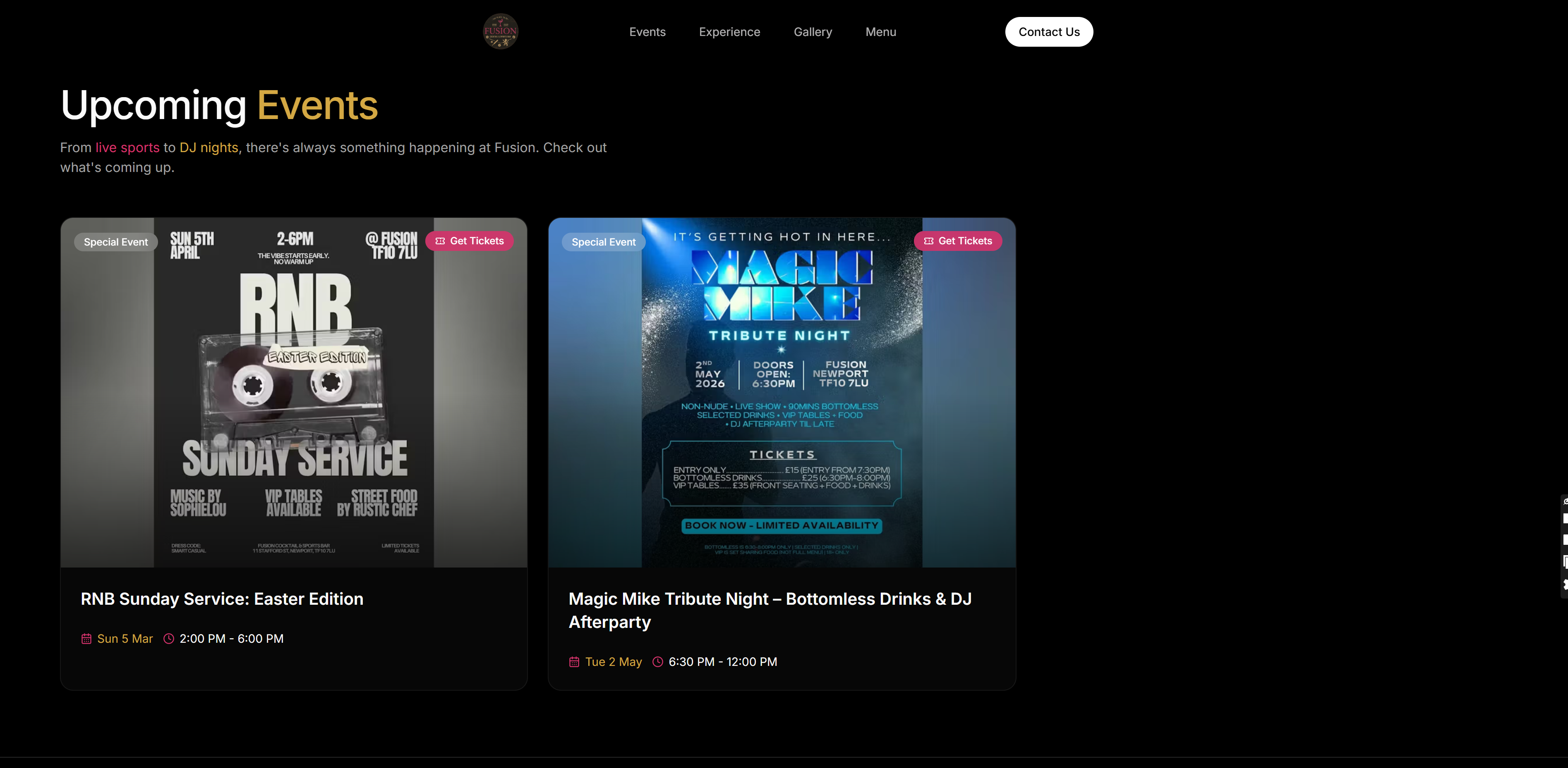 Upcoming Events page layout.